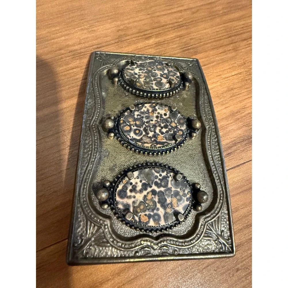Vintage Style Brass Leopard Skin Jasper 3 Stone Western Belt Buckle Rectangle